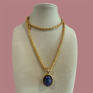 Kenneth Jay Lane Gold and Blue Necklace with Elegant Pendant